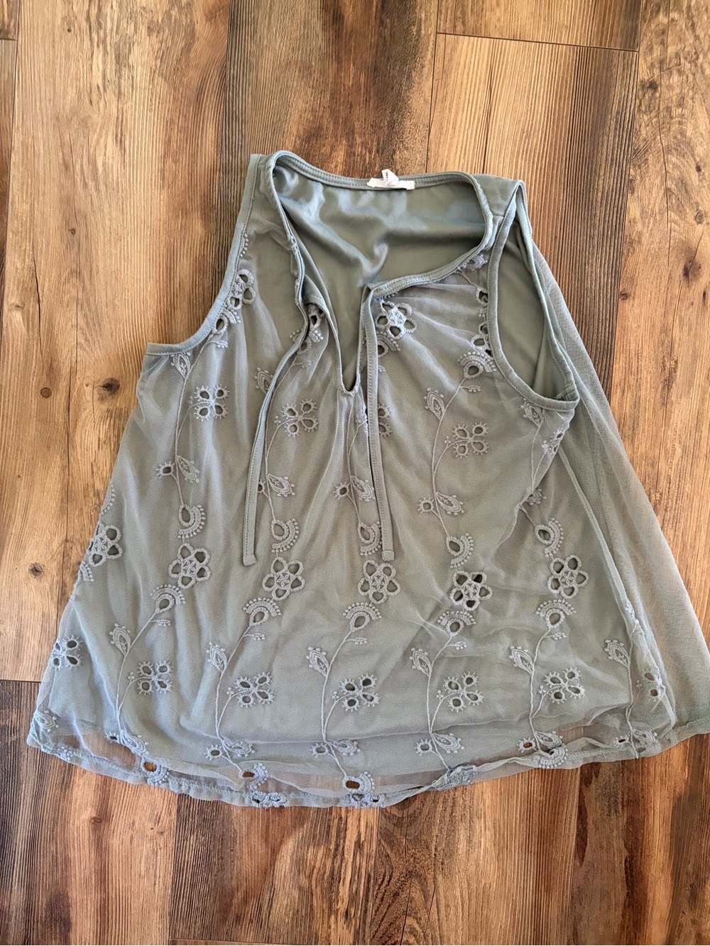 Maurices Sage Green Embroidered Mesh Tie-Front Tank